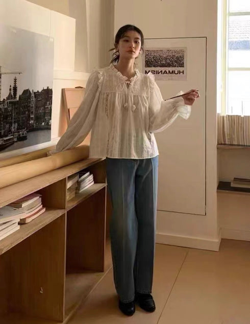 Women Vintage Ruffle Tie Latern Flare Sleeves Tops